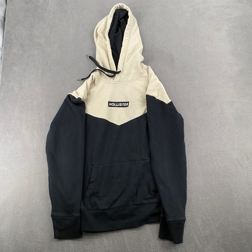 Hollister Mens Colorblock Hoodie Tan Black Y2K Mallcore Sweatshirt Small
